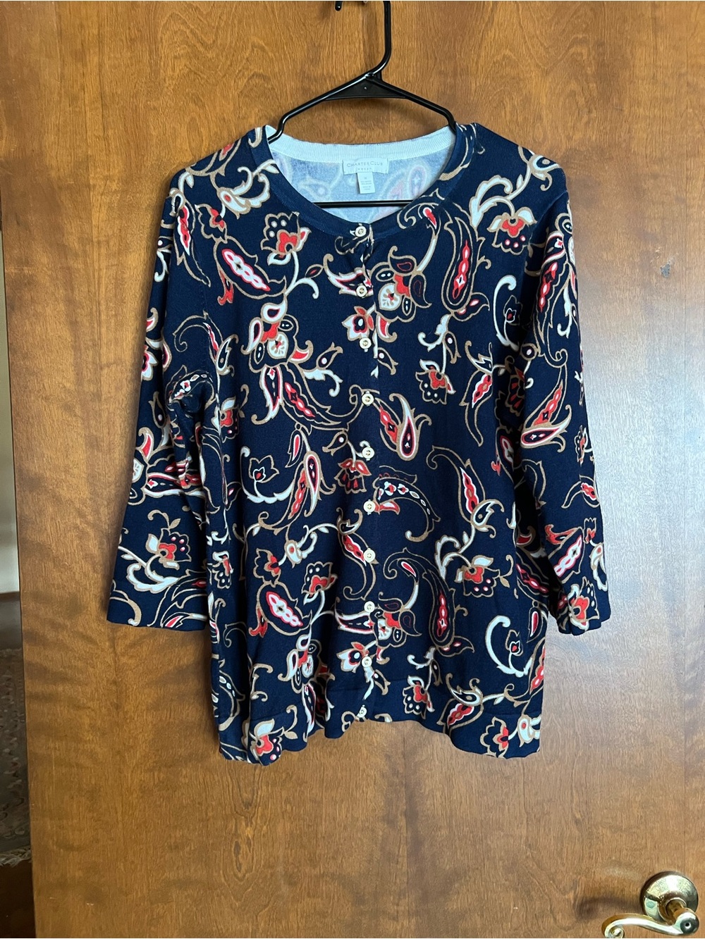 Charter Club Navy Paisley Button-Neck Long Sleeve Top